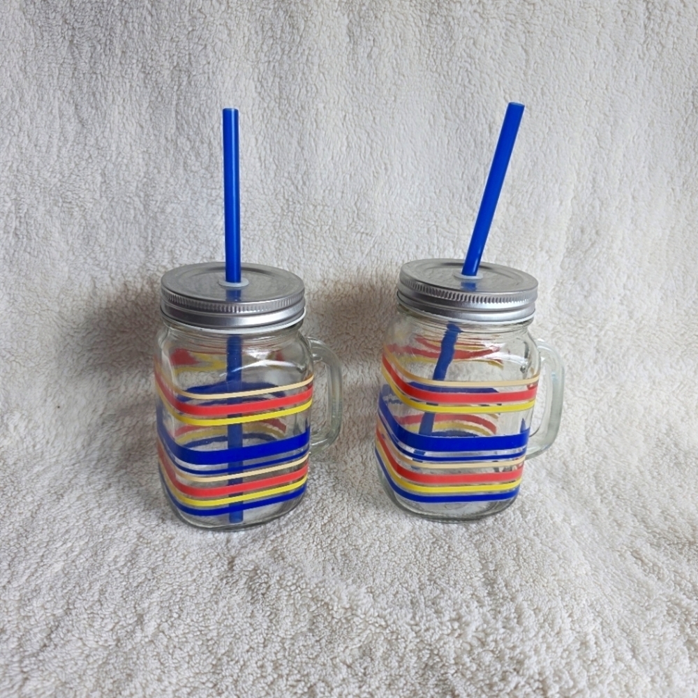 New set of 2 Martha Stewart Glass Mason Jar With Straw summer Drinking cup 15.2